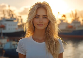 t shirt mockup with blonde hair at harbor sunset