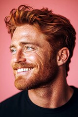 Creative layout of style for aging men. Trendy men's classic long sweep haircut - midlife white man with red hair. A man with timeless elegance and a natural smile. Pink solid background.