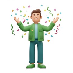 Cartoon man celebrating with confetti and streamers on a white background