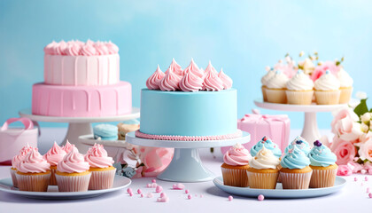 A beautiful display of pastel-colored cakes and cupcakes, featuring pink and blue frosting, set against a soft blue background, perfect for celebrations