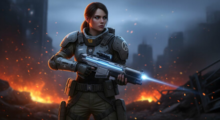 Female soldier in futuristic armor with rifle