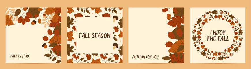 Set of cards with autumn design. Flat fall elements berries, leaves, acorn and more and text. Vector illustration