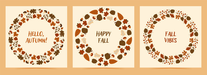 Set of cards with autumn design. Fall foliage frame illustrations with pumpkins, leaves, berries, branches and more. Vector illustration