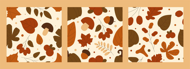 Autumn seamless pattern set with berries, mushrooms, acorns, colorful leaves. Perfect for fall print, fabric, textile, material and more. Vector illustration