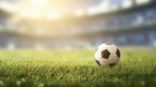 Classic black-and-white soccer ball on lush green grassy field with softly blurred stadium background, warm golden sunlight, and serene anticipatory atmosphere.