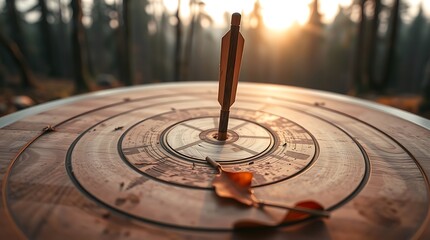 Arrow hits the center of a wooden target with autumn leaves in a forest during golden hour sunlight