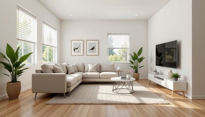 Bright and Modern Living Room Interior with Minimalist Design and Cozy Furniture in a Sunlit Space