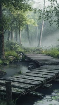 Peaceful and natural stone bridge over a small stream, with mist and fog creating a serene atmosphere.