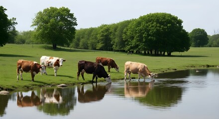 Wide Landscape View of Cows Grazing and Drinking at a Tranquil Pond with Reflections and Green Pasture Under Clear Sky