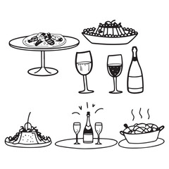 Hand drawn ink line food and wine or champagne drawings. 
Sketch style lunch or dinner Illustrations for wedding invitations, cafe or restaurant menus and parties.
