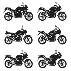 Obraz premium Collection of six black motorcycle silhouettes on a white background