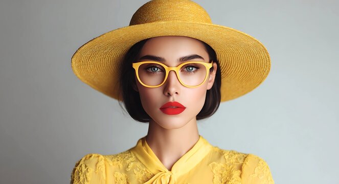A striking portrait of a young woman wearing a wide brimmed yellow straw hat and bold yellow eyeglasses her lips painted a vibrant red against a soft gray background