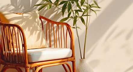 A cozy rattan chair with plush cushions is bathed in warm sunlight casting soft shadows from lush green leaves against a neutral wall