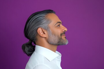 Layout art of style for aging men. A midlife man with charm and elegance. Purple solid background. Chic men's high fade haircut - midlife middle eastern man with long hair.