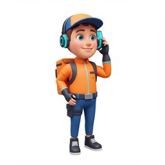 Fototapeta premium Cheerful 3D Render of Boy with Backpack Using Phone