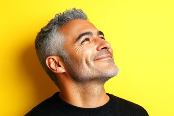 Yellow solid background. A radiant and poised man in a professional portrait. Visual idea art of style for aging men. Chic men's textured crop haircut - midlife white man with grey hair.