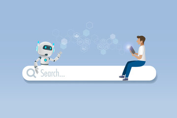Man sitting on web searching bar with AI chat robot Artificial Intelligence innovation technology provide smart information and solution in research and development. Digital search engine. Vector.