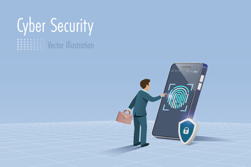 Businessman use fingerprint scanning to access to business and financial data networking on smartphone. Biometric security and online digital technology.