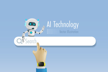 Hand touch web searching bar with AI chat robot Artificial Intelligence innovation technology provide smart information and solution in research and development. Vector.