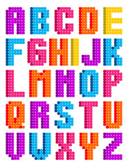 Colorful pixel bead alphabet vector design, featuring A to Z capital letters in vibrant backgrounds. Perfect for educational materials, kids crafts, games, and playful graphic projects.