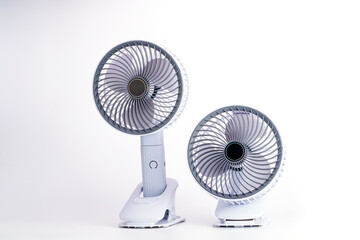 Electric fan powered by usb battery. Product design by modern technology. Isolated on white...