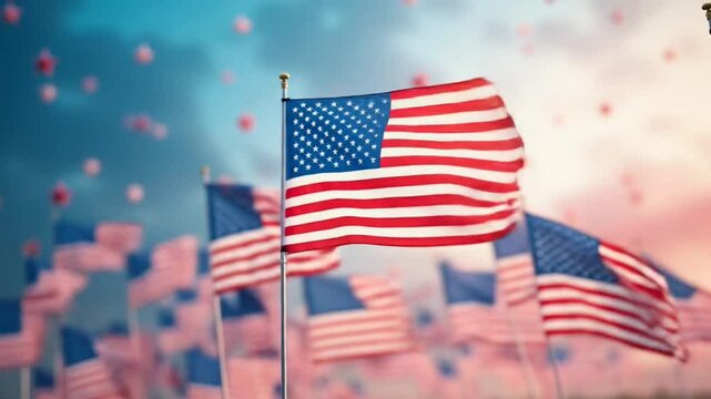 Flags Waving in Breeze Patriotic Scene