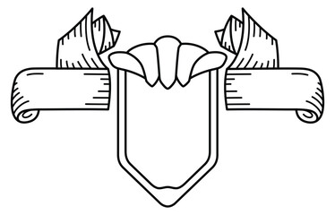 A knight's shield with ribbon on the sides. Line icon in heraldic style. Security protection emblem empty banner. Black and white outline of the icon Vector insignia