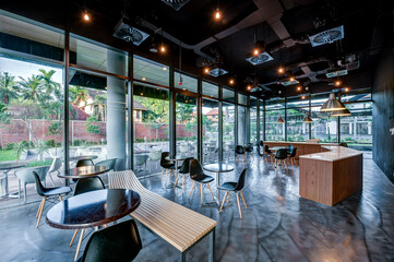 Modern cafe with chairs and tables