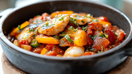 A delicious dish featuring sauteed vegetables and fish in a vibrant sauce, served in a rustic bowl, perfect for any culinary occasion.