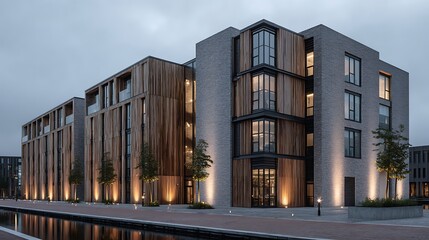 Modern building facade dusk