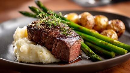 Delicious Medium Rare Steak with Mashed Potatoes, Asparagus, and Roasted Potatoes on Elegant Plate