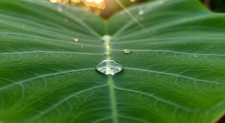 Shimmering Water Droplet on Vibrant Green Leaf with Golden Sunlight