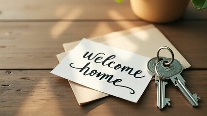 Welcome home keys and a card on a table