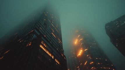 Skyscrapers pierce night fog