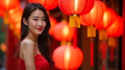 Beautiful asian woman in red dress with lanterns