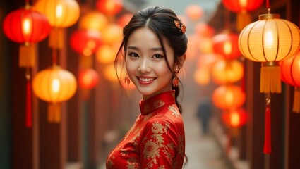Beautiful asian woman in red dress with lanterns