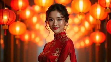 Beautiful asian woman in red dress with lanterns