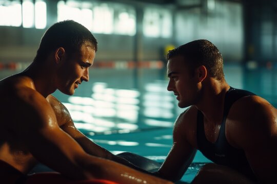 Competitive para athlete listening to coach, inspiring scene near swimming pool