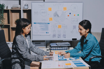 Group of young application developers analyzing uxui mobile app templates during a working meeting