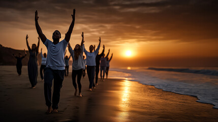 Diverse Group Practices Yoga at Sunrise