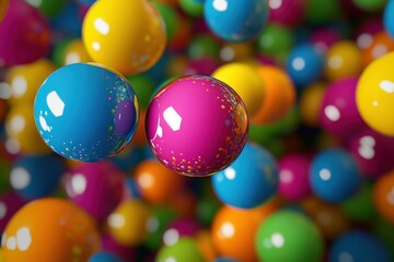 Colorful spheres falling and bouncing rhythmically in clean 3D space