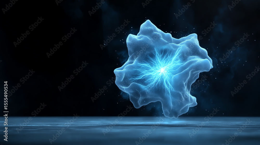 Aufkleber Abstract representation of energy, showcasing a luminous, blue structure with dynamic forms and glowing elements in a dark background.