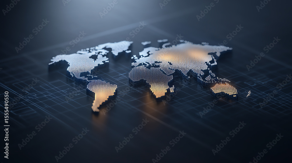 Aufkleber An abstract representation of a world map with glowing elements, symbolizing global connectivity and digital innovation.