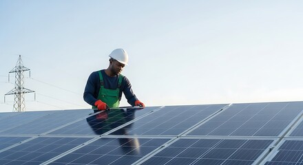 African American male solar technician wearing hard hat and gloves installs photovoltaic solar panels outdoors, promoting renewable energy, green jobs, and sustainable technology