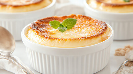 Delicious, freshly baked souffles in white ramekins, garnished with mint for a touch of freshness and elegance.