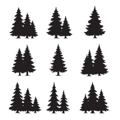 Silhouettes of pine or fir trees in simple black style, perfect for forest, mountain, or winter-themed illustrations.