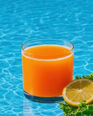 Refreshing Orange Juice With Lemon Slice By Poolside