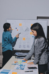 Group of young application developers analyzing uxui mobile app templates during a working meeting