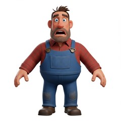 Surprised Cartoon Farmer in Overalls and Plaid Shirt