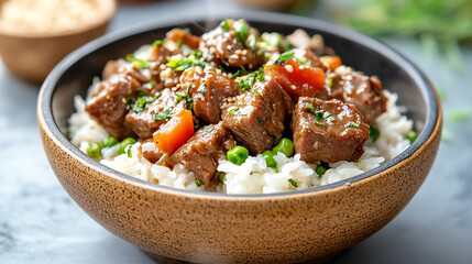 Delicious beef stir-fry served over a bed of fluffy rice, garnished with fresh vegetables and herbs.